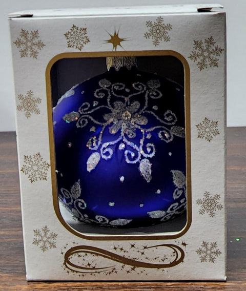 Blue Blown Glass Ornament - Handcrafted - Fancy Snowflake Design