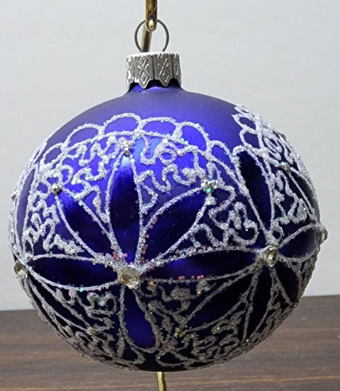 Blue Blown Glass Ornament - Handcrafted - Fancy Flower Design