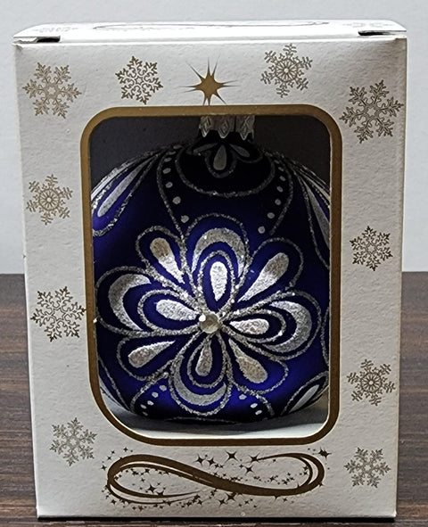 Blue Blown Glass Ornament - Handcrafted - Flower Design