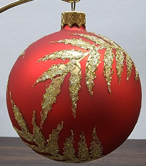 Red Blown Glass Ornament - Handcrafted - Golden Leaf Design