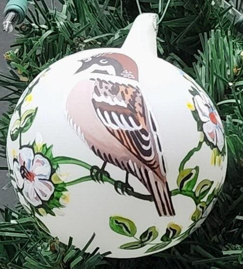 Blown Glass Ornament - Bird On Vine - Made In Ukraine - Birds And Flowers - Keepsake Ornament - White Ornament - Hand Painted - Bauble