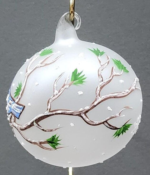 Frosted Blown Glass Ornament - Handcrafted -  Birds On Branch Design