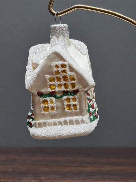 Hand Decorated Glass Keepsake Ornament - Charming Silver House Design