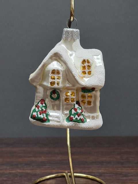 Hand Decorated Glass Keepsake Ornament - Charming Silver House Design