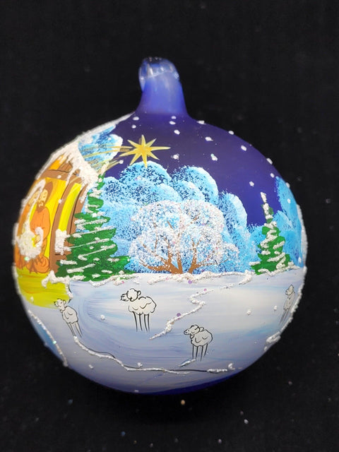 Blue Blown Glass Ornament - Handcrafted -  Charming Nativity Design