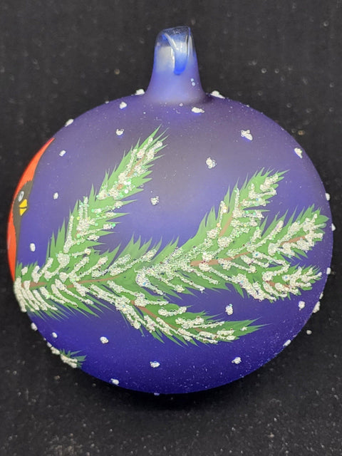 Blue Blown Glass Ornament - Handcrafted -  Charming Red Cardinal Design