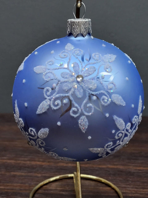 Light Blue Blown Glass Ornament - Handcrafted - Fancy Snowflake Design