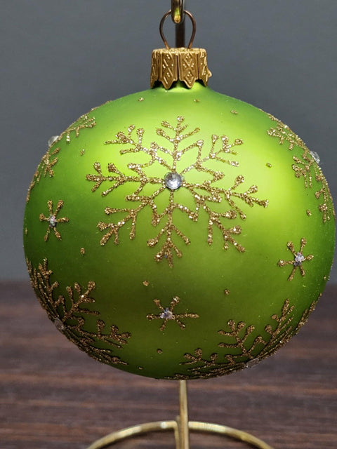 Green Blown Glass Ornament - Handcrafted - Large Snowflake Design