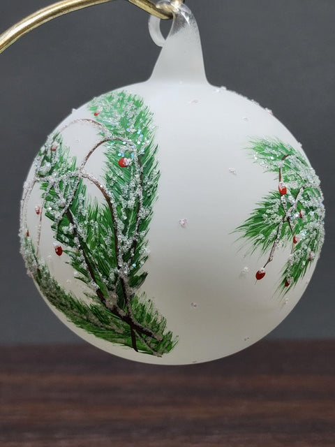 White Blown Glass Ornament - Handcrafted -  Charming Finches Design