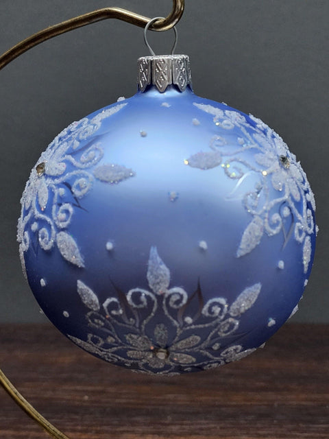 Light Blue Blown Glass Ornament - Handcrafted - Fancy Snowflake Design