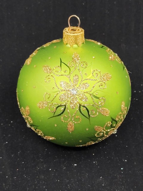 Green Blown Glass Ornament - Handcrafted - Fancy Snowflake Design