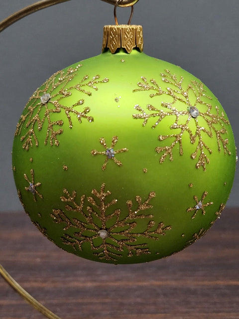 Green Blown Glass Ornament - Handcrafted - Large Snowflake Design