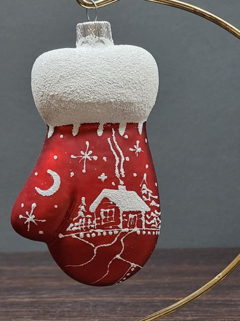 Hand Decorated Glass Keepsake Ornament - Charming Large Red Mitten Design