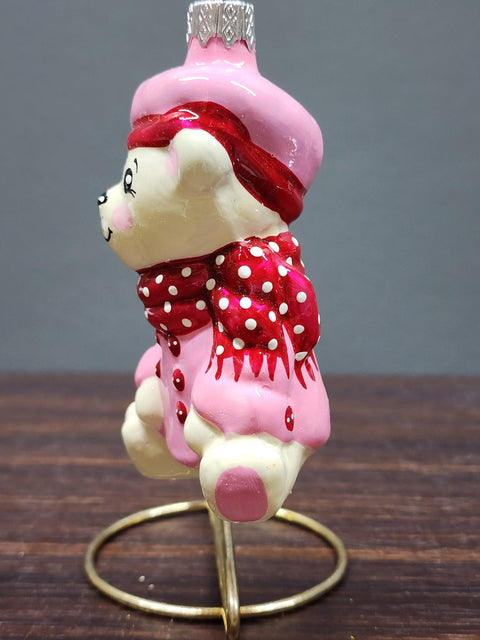 Hand Decorated Glass Keepsake Ornament - Charming Bear in Coat Design