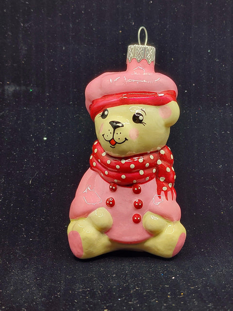 Hand Decorated Glass Keepsake Ornament - Charming Bear in Coat Design