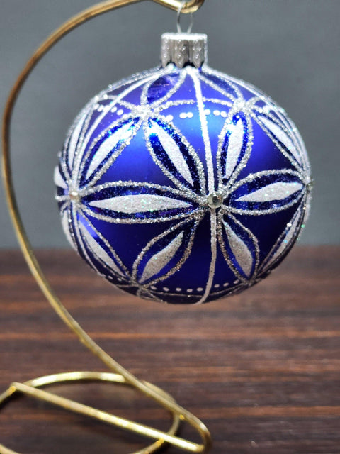 Blown Blown Glass Ornament - Handcrafted - Blue Daisy Bauble Design