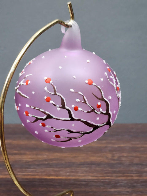 Lavender Blown Glass Ornament - Handcrafted - Red Cardinal Design