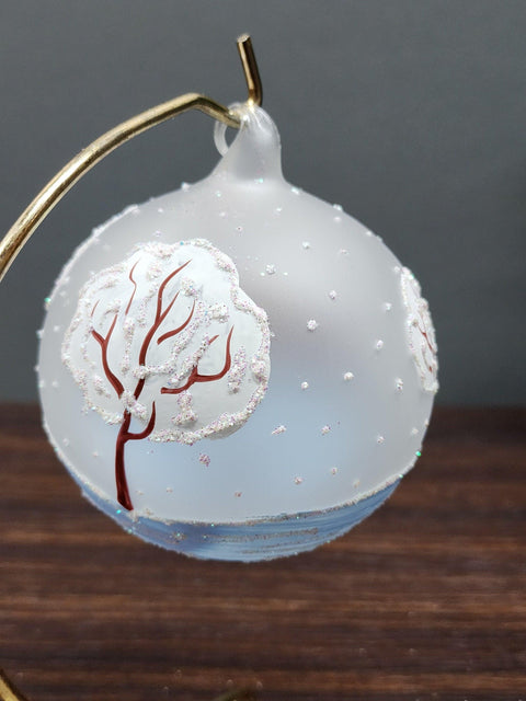 Frosted Blown Glass Ornament - Handcrafted - Santa N Reindeer Design