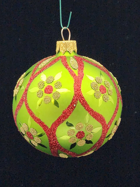 Red & Green Blown Glass Ornament - Handcrafted - Green & Yellow Daisy Design