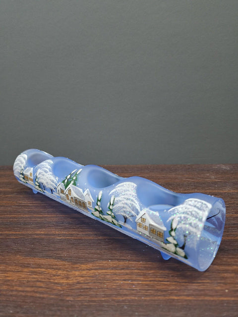 Light Blue Glass Quad Candle Holder - White Cabins  Yule Log Style