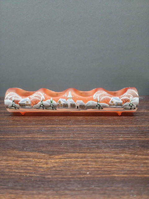 Orange Glass Quad Candle Holder - White Church  Yule Log Style