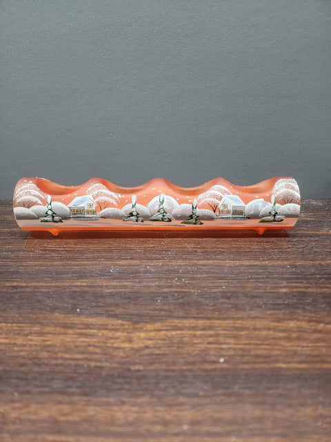 Orange Glass Quad Candle Holder - White Church  Yule Log Style