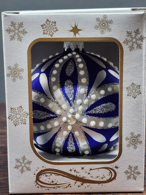 Blue Blown Glass Ornament - Handcrafted - Blue & Silver Ornament Design