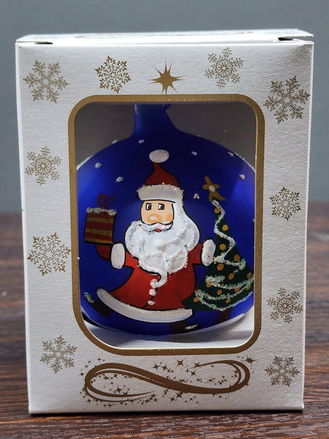 Blue Blown Glass Ornament - Handcrafted -  Charming Santa Claus Design