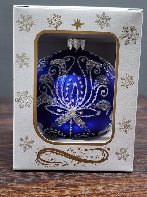 Blue Blown Glass Ornament - Handcrafted - Fancy Flower In Bloom Design