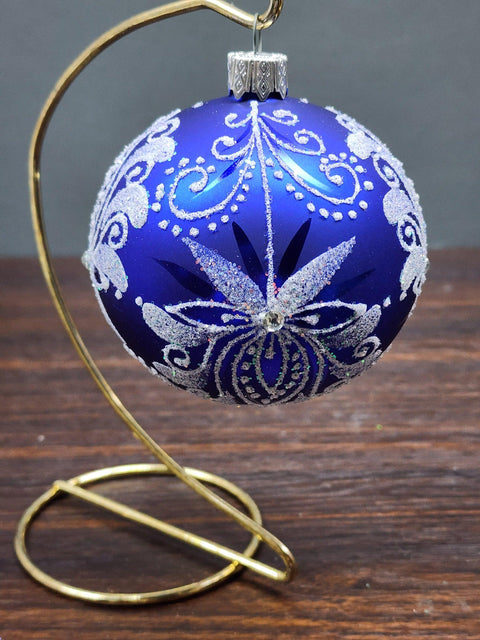 Blue Blown Glass Ornament - Handcrafted - Fancy Flower In Bloom Design