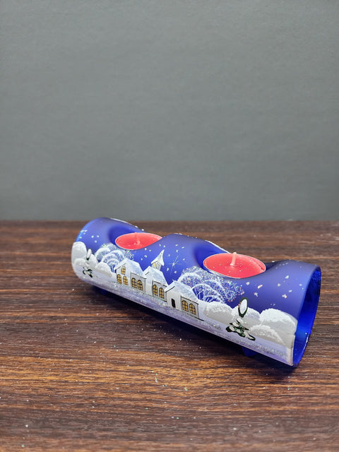 Blue Glass Double Candle Holder, Hand Crafted in Ukraine, White Church Winter Wonderland, Wonderful Year Round