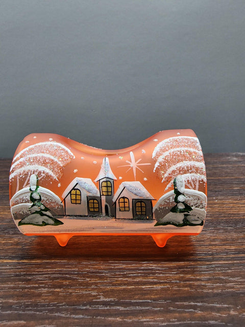 Orange Glass Single Candle Holder - White Church Yule Log Style