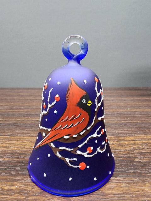 Blue Blown Glass Bell Ornament – Red Cardinal Design with Clapper