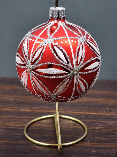 Red Blown Glass Ornament - Handcrafted - Daisy-like Design