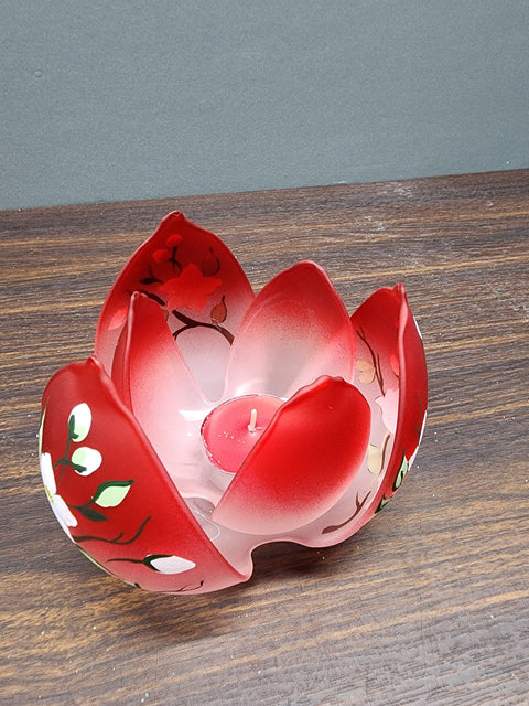 Red Glass Lotus Blossom Candle Holder  - Dogwood Flower