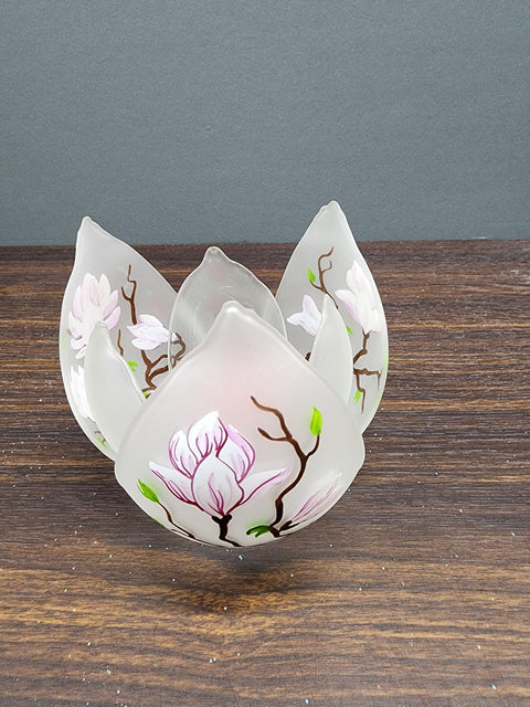 Frosted Glass Lotus Blossom Candle Holder  - Magnolia Flower