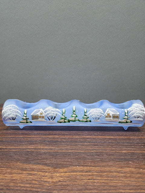 Light Blue Glass Quad Candle Holder - White Cabins  Yule Log Style