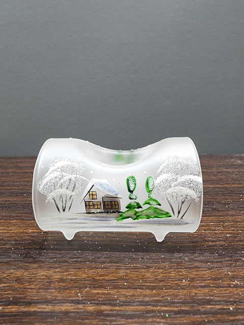 Frosted Glass Single Candle Holder  - White Cabins  Yule Log Style