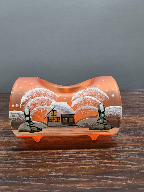 Orange Glass Single Candle Holder - White Church Yule Log Style