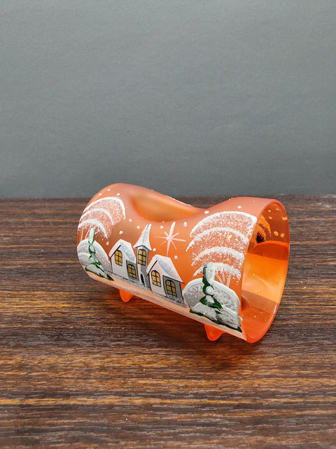 Orange Glass Single Candle Holder - White Church Yule Log Style