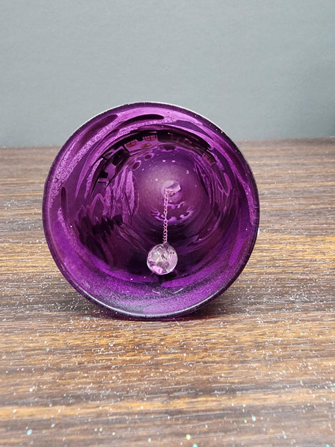 Purple Blown Glass Bell Ornament – White Church Design with Clapper