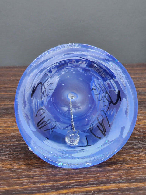 Light Blue Blown Glass Bell Ornament – White Church Design with Clapper