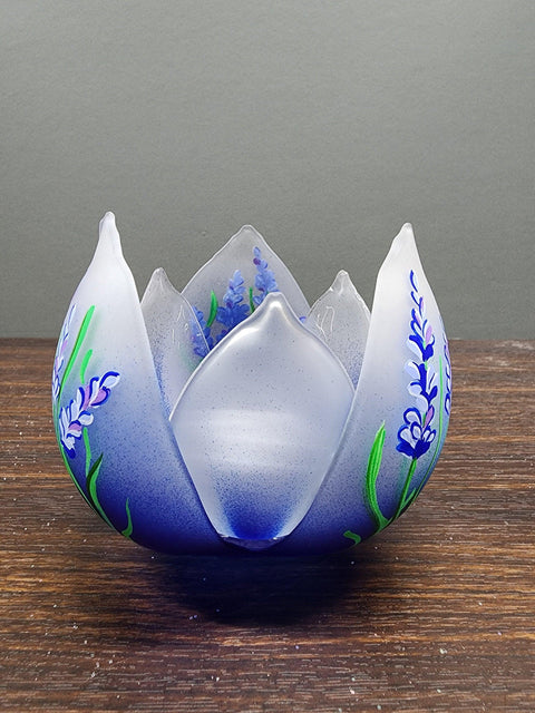 Blue  Glass Lotus Blossom Candle Holder  - Lavender Flower Design