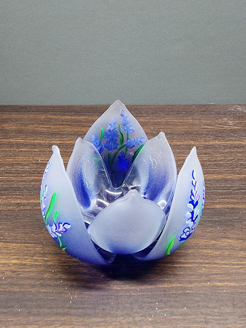 Blue  Glass Lotus Blossom Candle Holder  - Lavender Flower Design