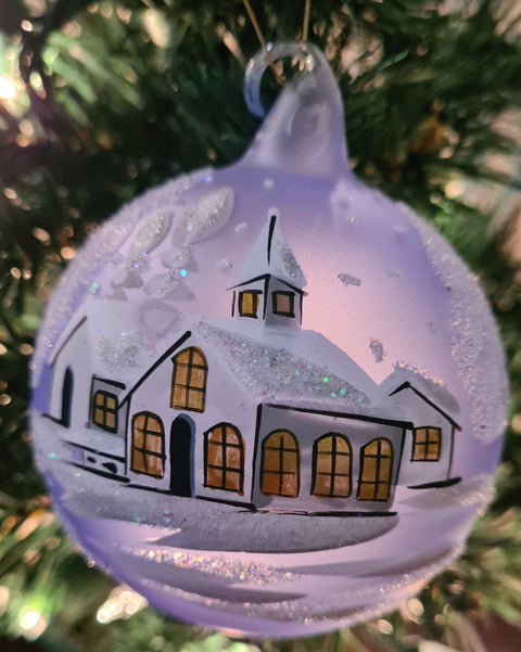 Blown Glass Ornament - Handcrafted - White Church Design - Multiple Colors