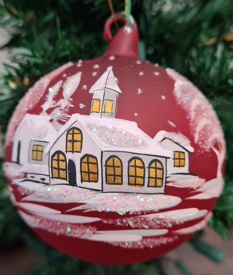 Blown Glass Ornament - Handcrafted - White Church Design - Multiple Colors