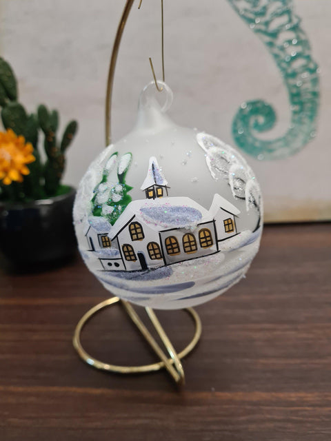 Blown Glass Ornament - Handcrafted - White Church Design - Multiple Colors