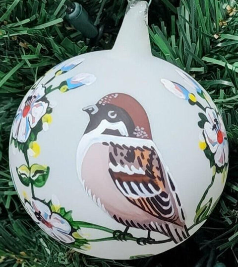 Blown Glass Ornament - Bird On Vine - Made In Ukraine - Birds And Flowers - Keepsake Ornament - White Ornament - Hand Painted - Bauble