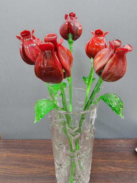 Red Glass Open Bulb Rose - Handcrafted Long Stem Flower