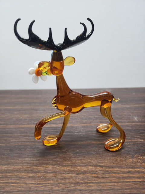 Glass Moose With Daisy Figurine, Handmade Murano Quality Design - Large